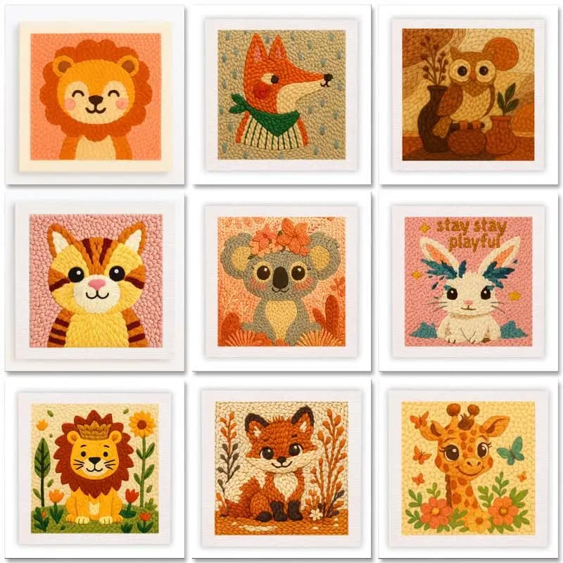 Punch Needle Embroidery Kit for Beginners Cute Cartoon Animal Soft Yarn Hoop Embroidery Set With Frame Home Decor Perfect Gifts