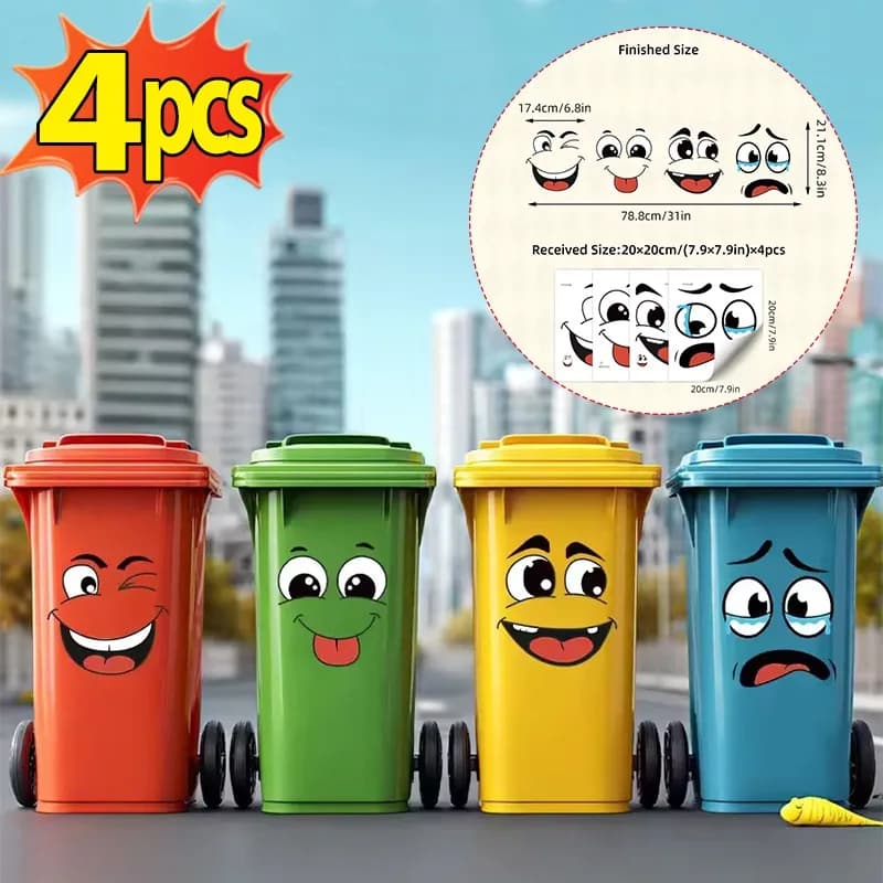 4 Pezzi 20x20 cm Emoticon Trash Adesivi Autoadesivi PVC Impermeabile Carino Divertente Bin Decalcomanie per Home Office Riciclaggio Contenitori Decor