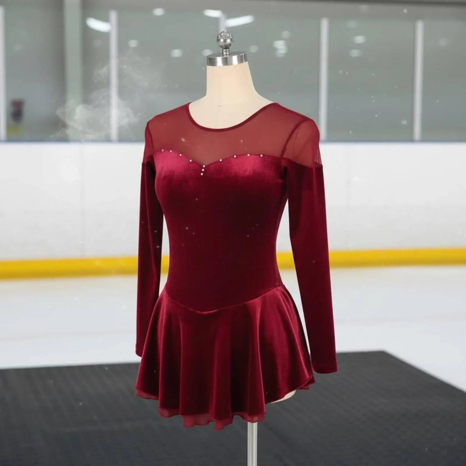 Girls Elegant Velvet Skating Dress Handmade Rhinestone Long Sleeve Leotard for Ice Competition and Stage Wear