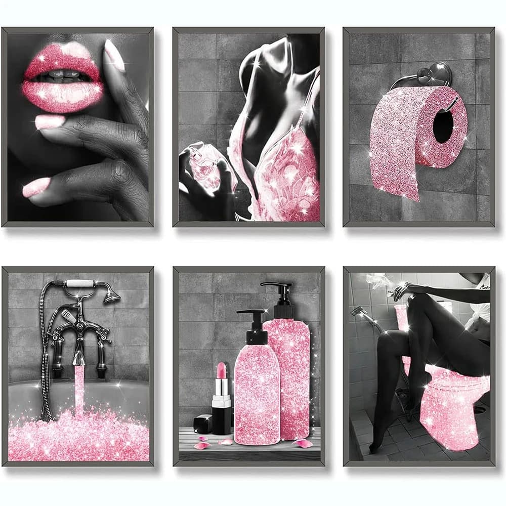 Fashion DIY Diamond Painting New 2023 Pink Glam Bathroom Decor Black and White Picture Modern Perfume Women Funny Bathroom Decor