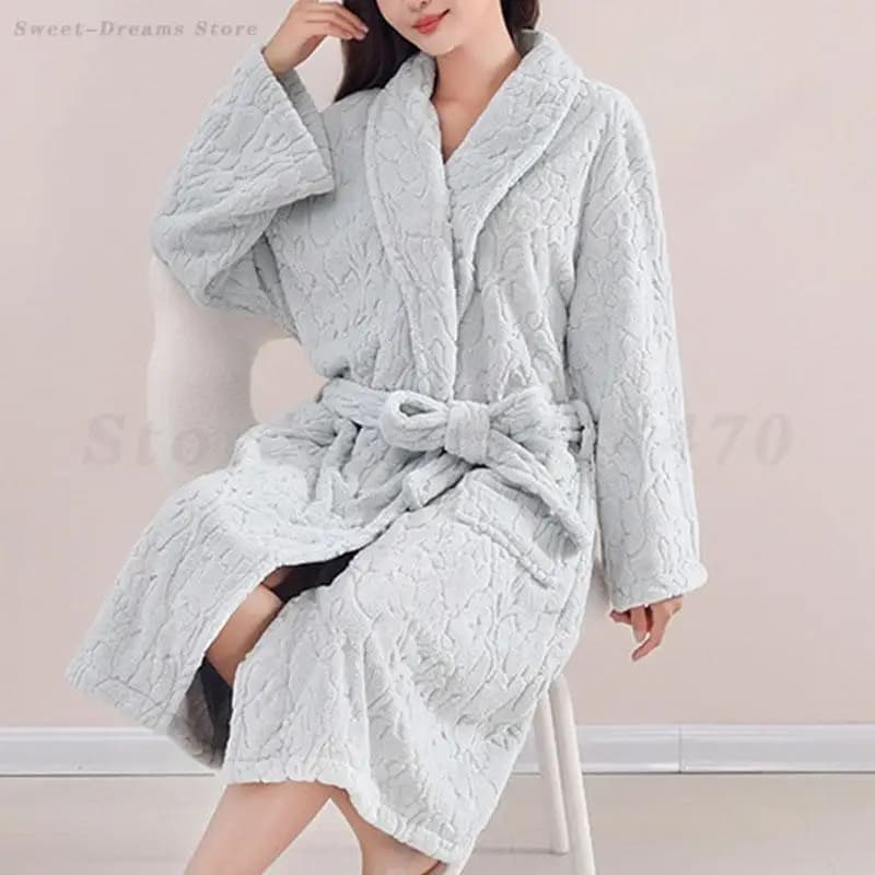 Women Flannel Robe Sleepwear Autumn Winter Thicken Warm Bathrobe Kimono Gown Loungewear Loose Coral Fleece Nightwear Pajama
