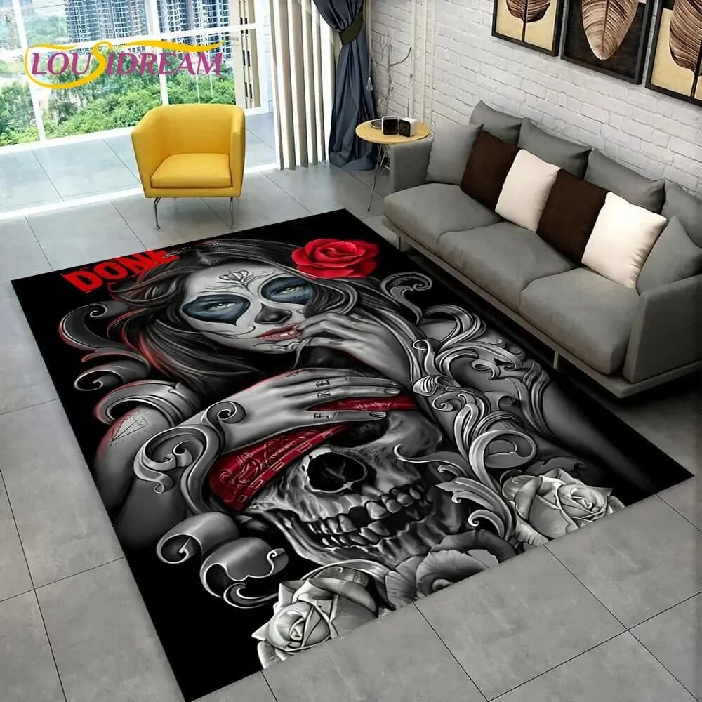 Tappeto per ragazza morta con teschio femminile horror gotico 3D, tappeto per la casa, soggiorno, camera da letto, divano, zerbino, tappetino antiscivolo