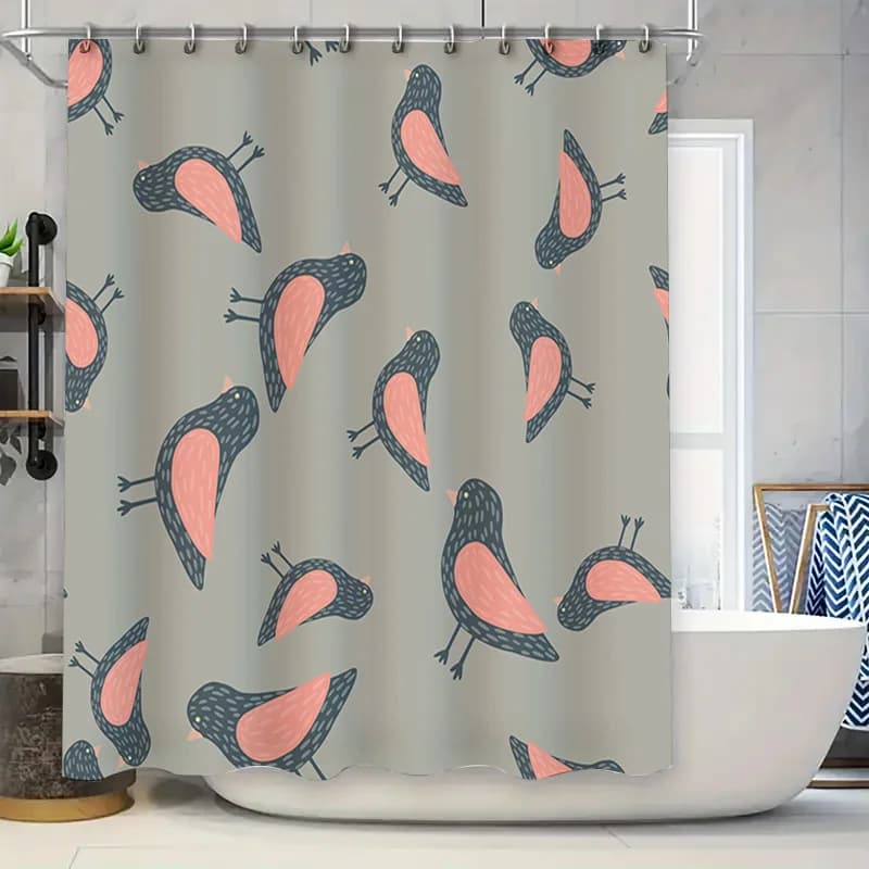 Tenda da doccia moderna con uccelli dei cartoni animati Decorazioni per la casa Accessori da bagno in tessuto impermeabile per la decorazione del bagno Grigio chiaro con nero