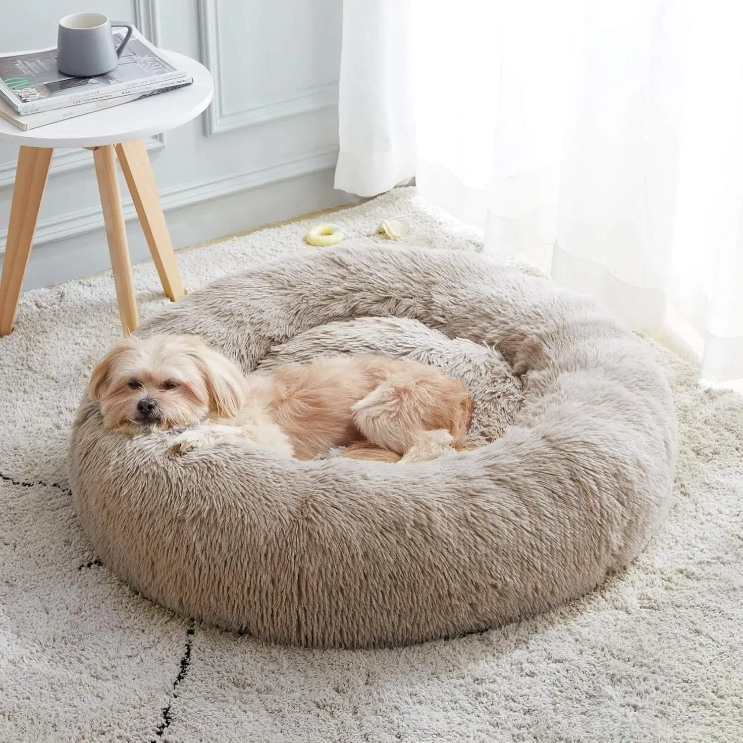 Cuccia Calmante per Cani e Gatti, Letto Rotondo Anti-Ansia a Ciambella, Morbido e Caldo, Cuscino in Finta Pelliccia Soffice per