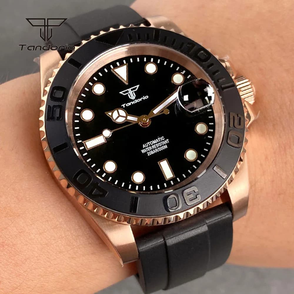 Orologio meccanico automatico rivestito in oro rosa zaffiro Tandorio per uomo NH35A data lunetta in ceramica Dive 40mm orologio da polso di lusso 20BAR