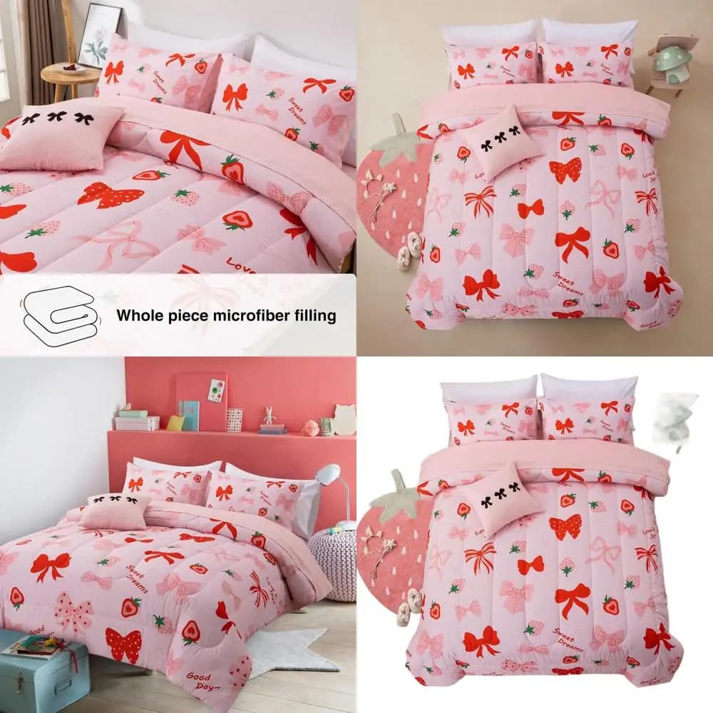 Set biancheria da letto principessa rosa a grandezza naturale con stampa di fragole e fiocchi di nastro, letto in una borsa da 6 pezzi con lenzuola abbinate