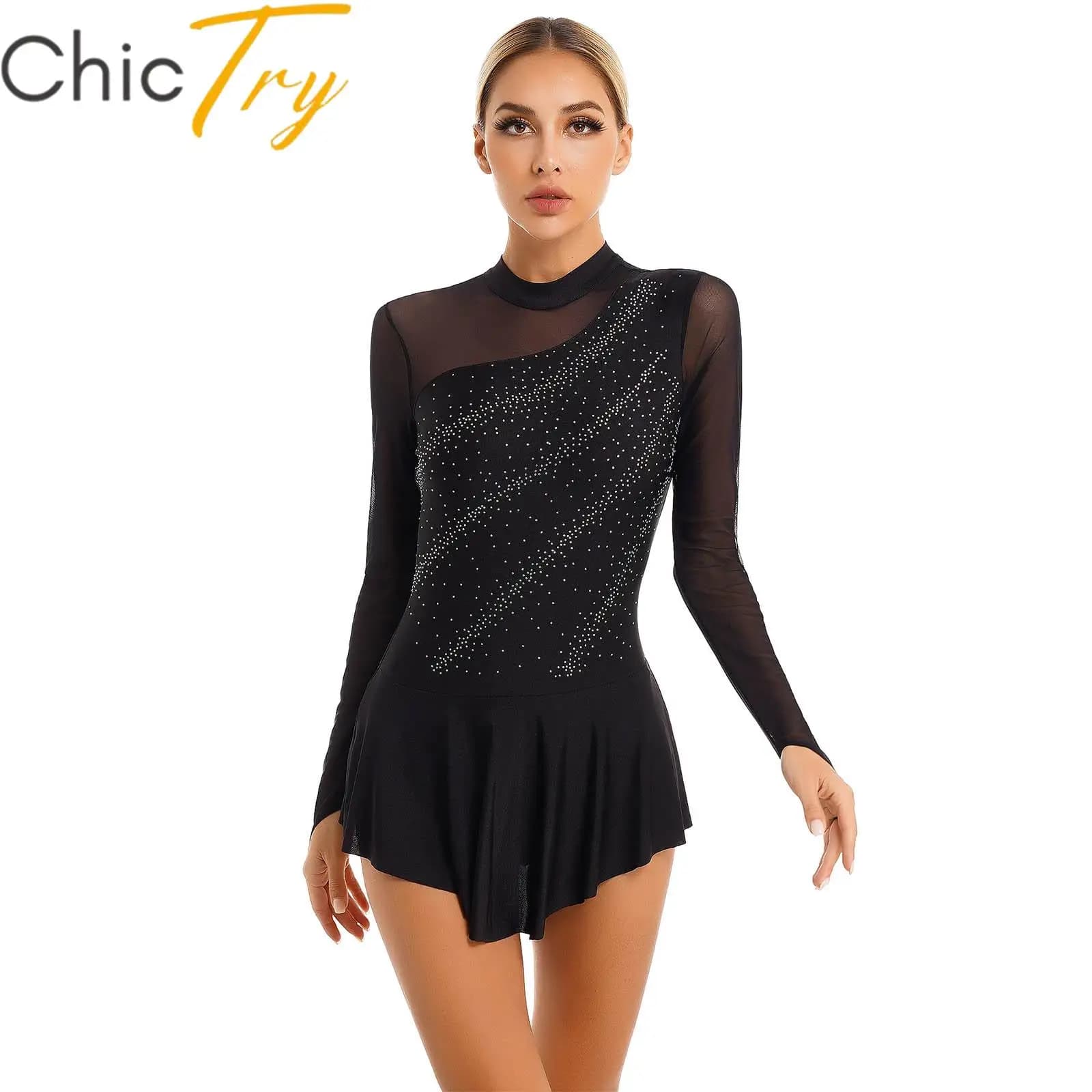 Vestito da pattinaggio su ghiaccio per donne adulti vestito da body per balletto a maniche lunghe con strass glitterato per spettacoli teatrali di ginnastica