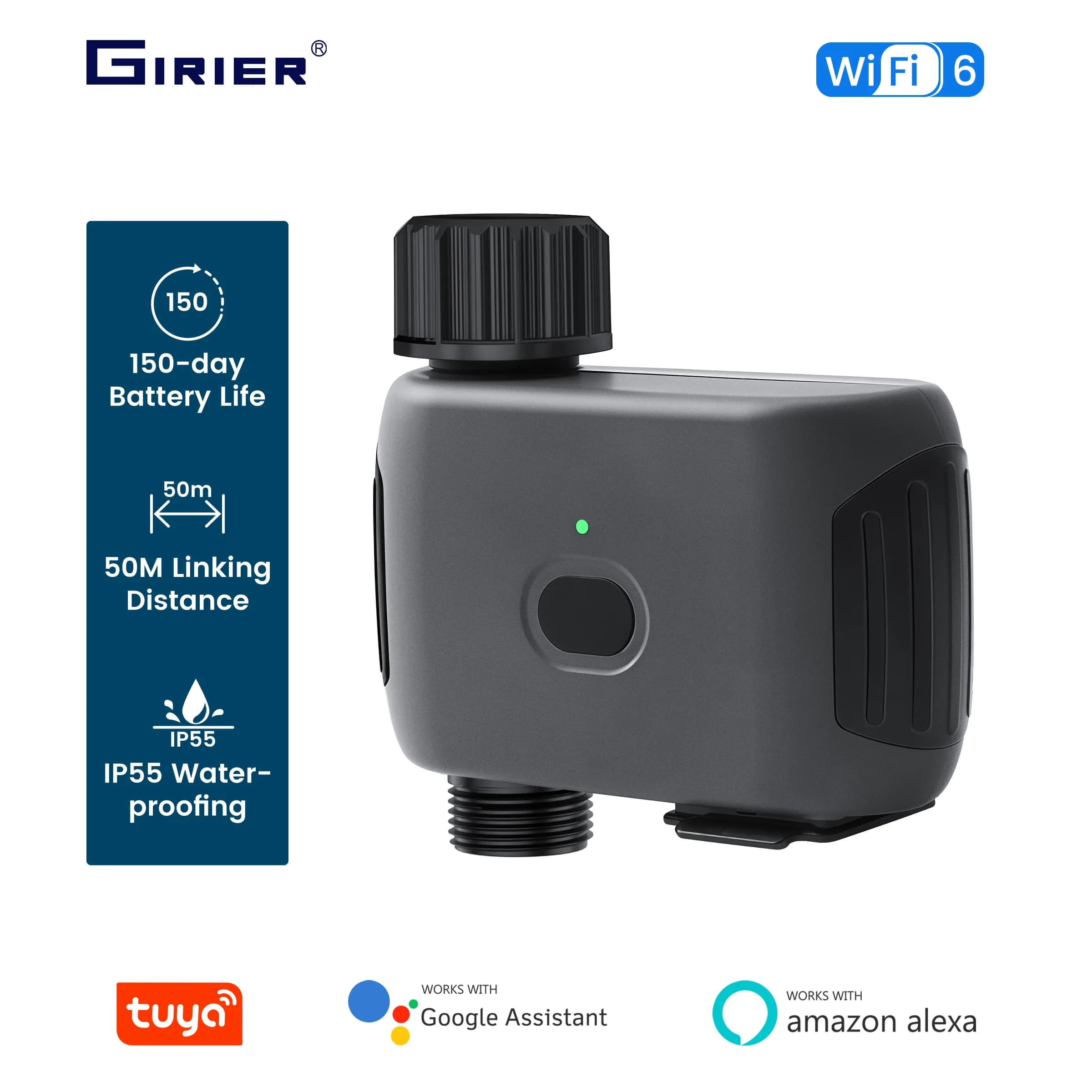 GIRIER Tuya Smart Water Timer WiFi Tubo Timer Sprinler Controller per sistema di irrigazione a goccia da giardino Supporta Alexa Nessun hub necessario