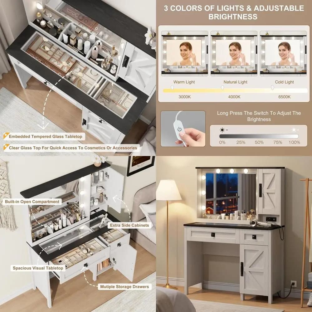 Toeletta da Trucco con Piano in Vetro, Specchio Illuminato a 39 LED, Stazione di Ricarica, Organizer Antipolvere - Finitura Rovere Bianco