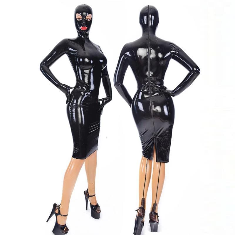 Guanti da maschera per abito a maniche lunghe neri da donna in lattice di gomma attaccati con costumi fatti a mano con coppa per il seno 3D S-LD197