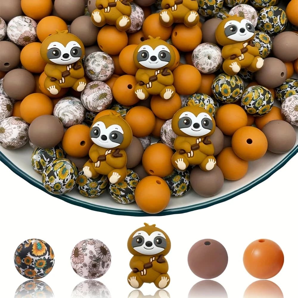 Set di 25 perline in silicone per bradipo/animale, perfette per l'artigianato fatto a mano fai-da-te come portachiavi, collane, bracciali, ecc.