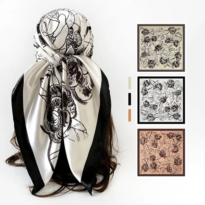 Luxury 90cm Square Scarf For Women Elegant Floral Scarves Soft Satin Bandanas Hijab Stylish Accessory Neckerchief Shawl Wraps