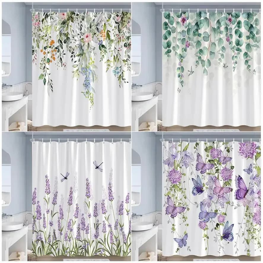 Tende da doccia floreali rustiche farfalla acquerello fiori piante viola lavanda tenda da bagno decorazioni in poliestere con ganci