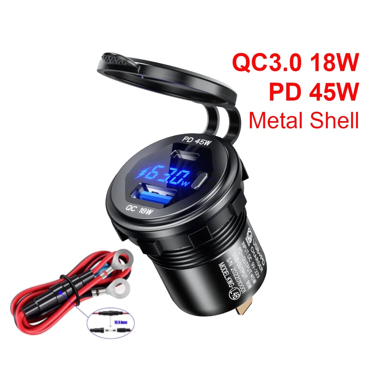 45W Type-C PD QC3.0 USB Car Charger 12V 24V Quick Charge Voltage Circuit Breaker Alloy Wheel for Auto Truck RV Bus Motor