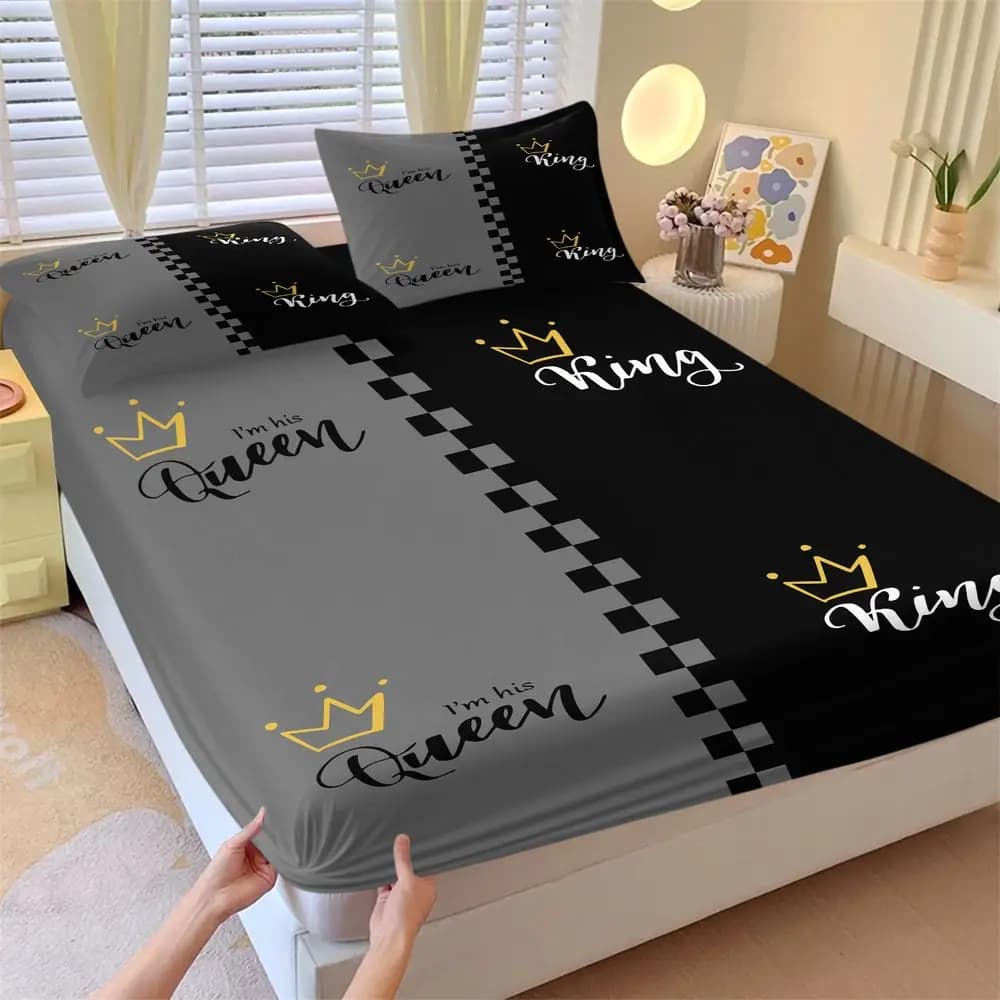King and Queen Crown Fitted Sheet Set 1 Fitted Sheet + 2 Pillowcases Romantic Couple Bedding Set Soft Breathable Bed Decor