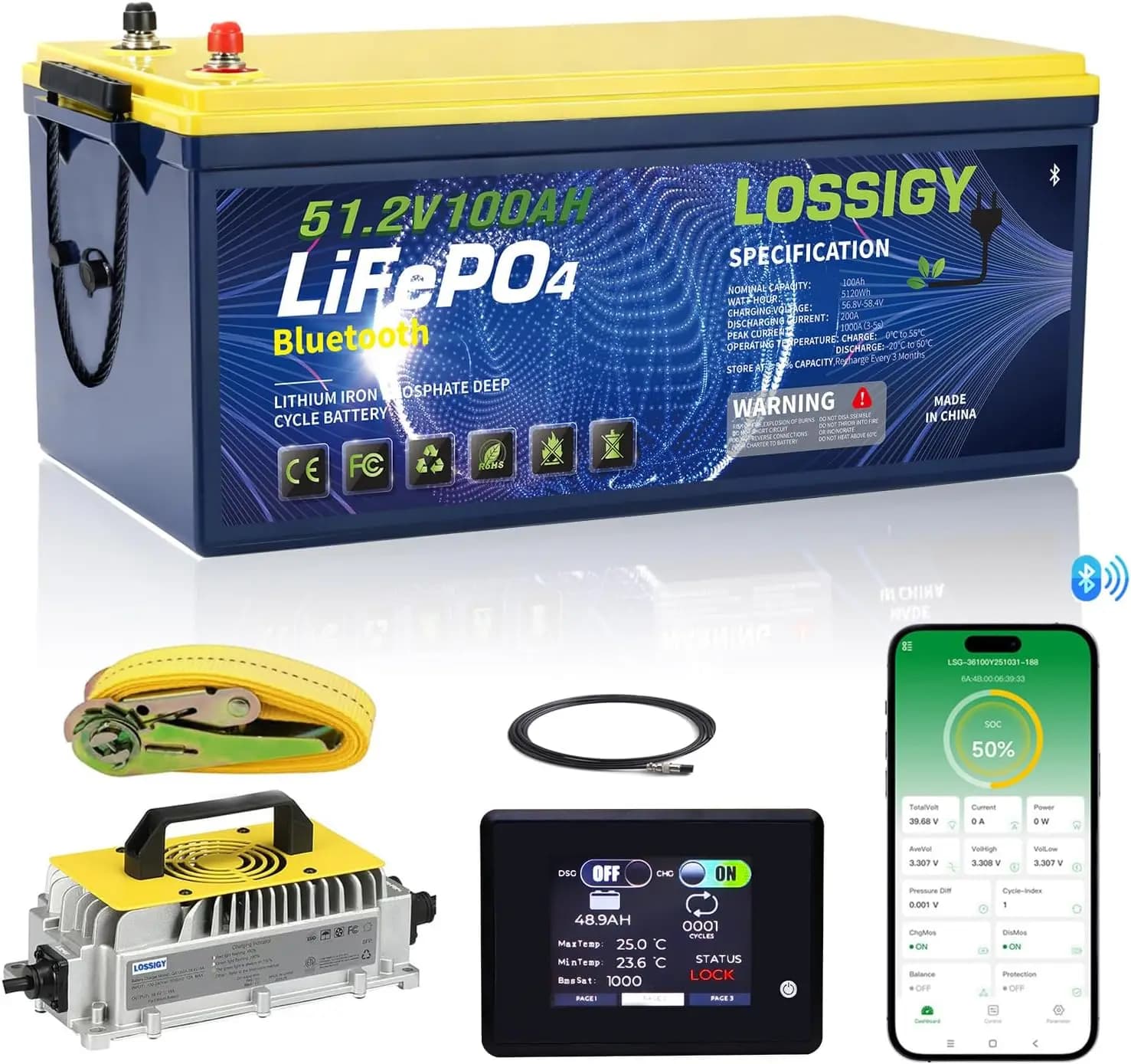 Batteria al Litio per Golf Cart LOSSIGY 48 Volt, Kit di Conversione Batteria Golf Cart 48V con Caricatore e Monitor LCD, 200A Integrato