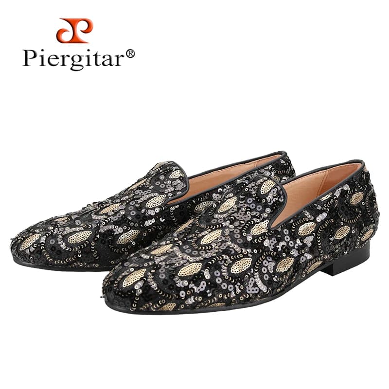 Piergitar Mocassini slip-on in tessuto con paillettes neri e dorati personalizzati fatti a mano Scarpe casual da uomo con fodera in vera pelle traspirante