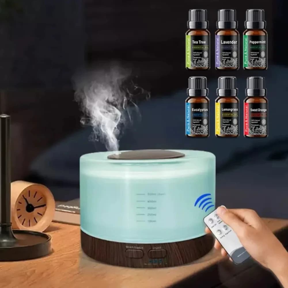 Diffusore di Oli Essenziali e Umidificatore Effetto Legno da 500ml, Alimentato USB con Telecomando, Timer, Luce Notturna, Ricarica dall'Alto per 21-30 minuti ㎡