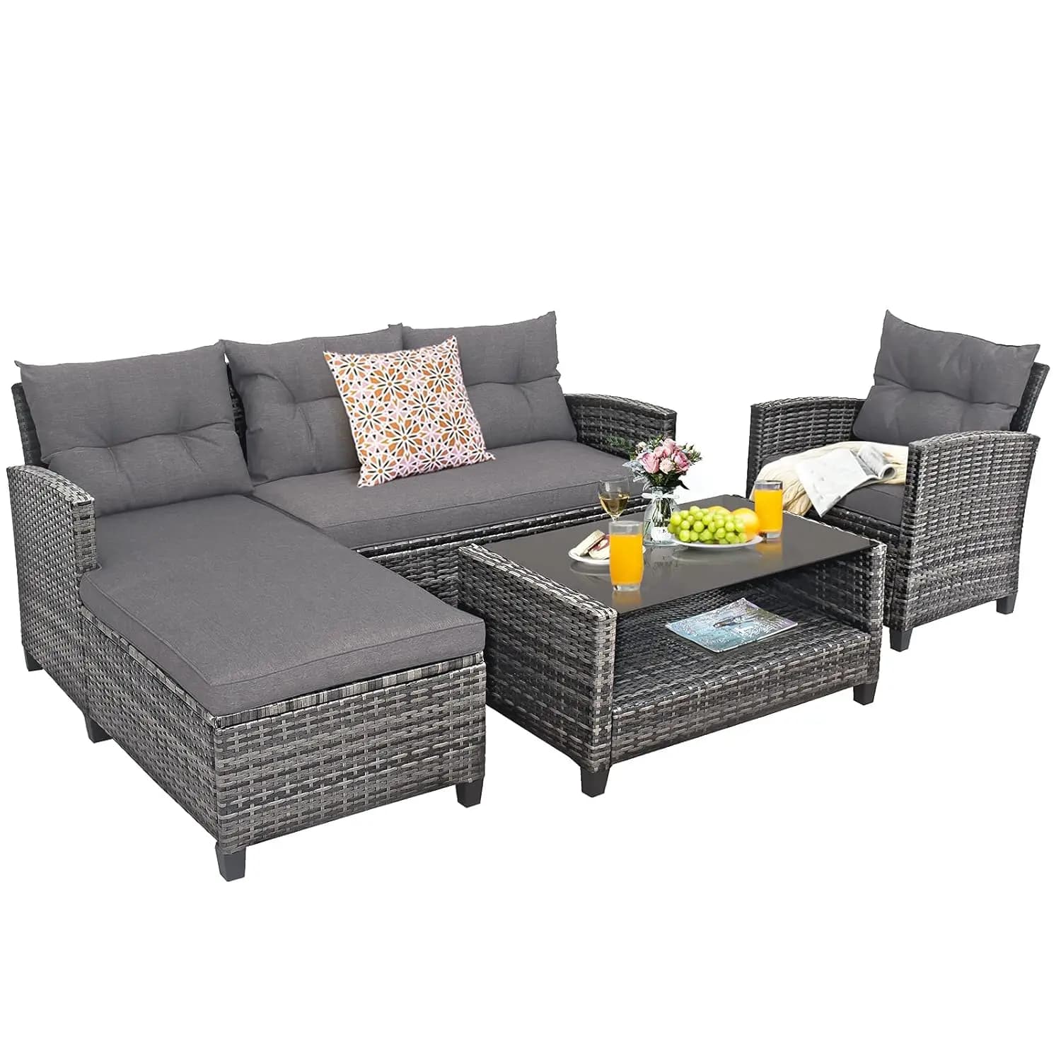 Set di Mobili da Giardino in Rattan a 4 Pezzi, Divano e Sedie da Esterno con Cuscini, Tavolino con Vetro Temperato e Vano Portaoggetti, Personalizzabile