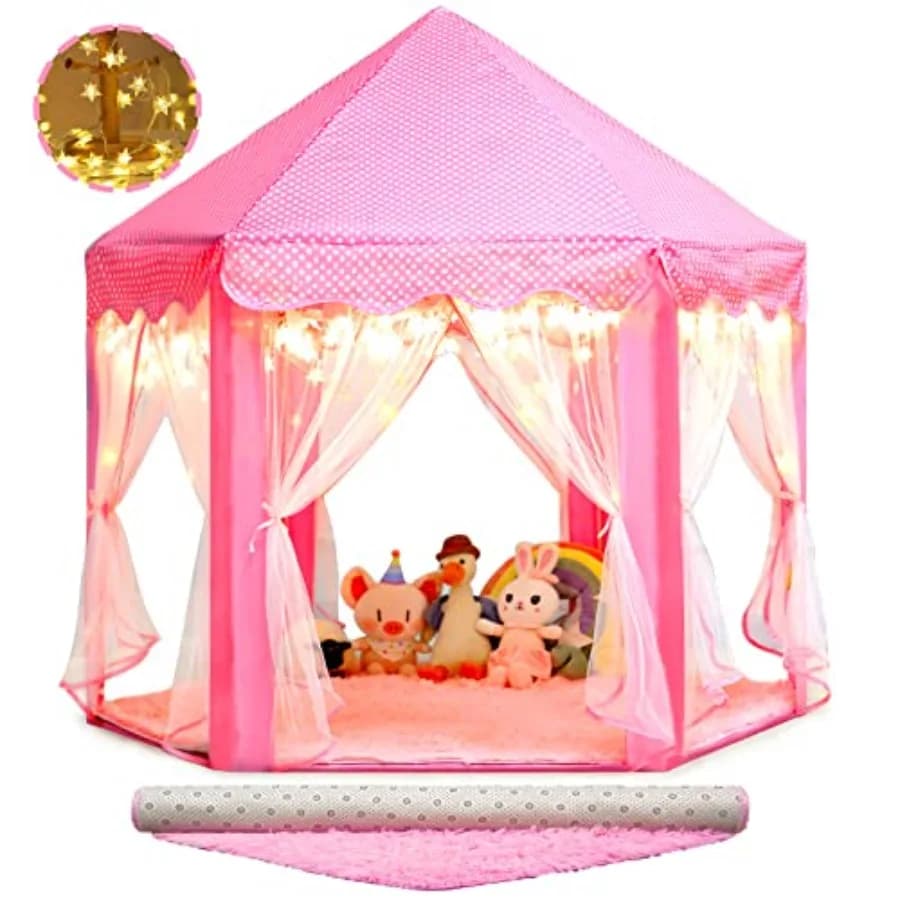 Tenda Principessa Rosa con Tappeto per Bambine, Casetta Esagonale per Giochi al Coperto, Tenda da Gioco a Tema Fatato con Luci Stellate per Bambini e Neonati