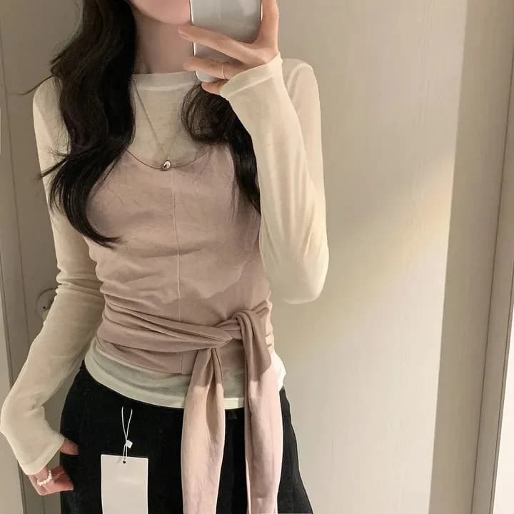 2026 New Chic Korean Style Long Sleeve T-Shirt Layered Design Belted Simple Fashion Top Women's Summer round Neck Tee