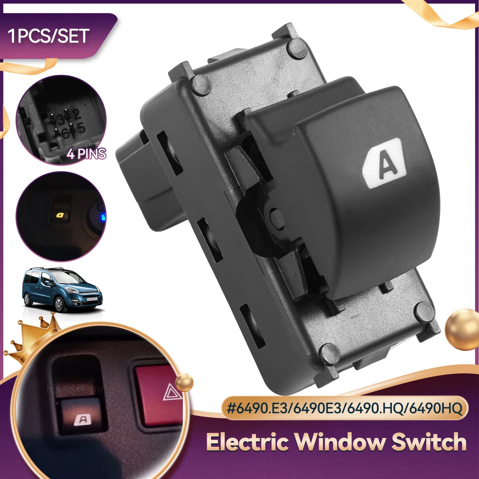 Pulsante interruttore alzacristallo elettrico principale lato passeggero adatto per Citroen Berlingo C4 Peugeot Partner 6490.E3 6490E3 6490.HQ 6490HQ