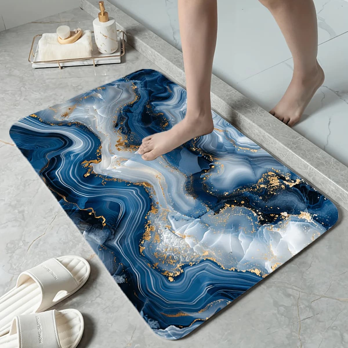 Blue Grey Gold Marble Print Bath Mat, Abstract Gilded Stone Texture Non-Slip Rug, Washable Luxury Decor Carpet for Bathroom