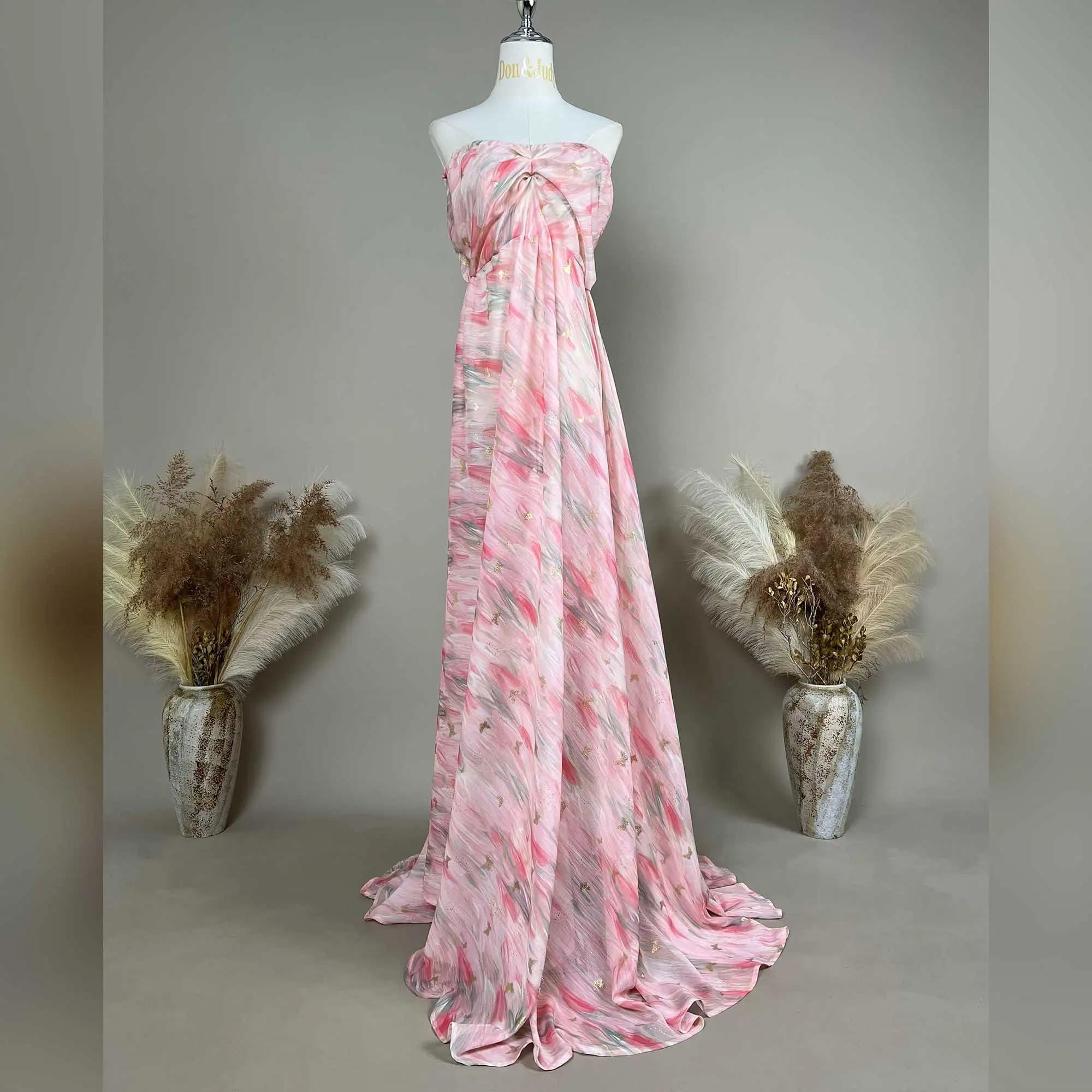 Don&Judy Strapless Twisted Bustier Maxi Dress with Pink Abstract Watercolor Print and Flowy Chiffon Skirt Gown Photography Dress
