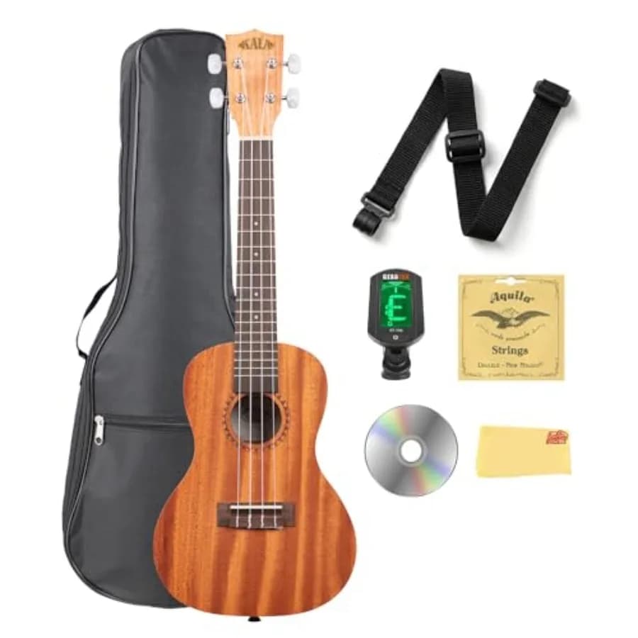Ukulele bundle for beginners: satin mahogany body, rich brown finish, includes gig bag, tuner, strap, strings, instructional DV