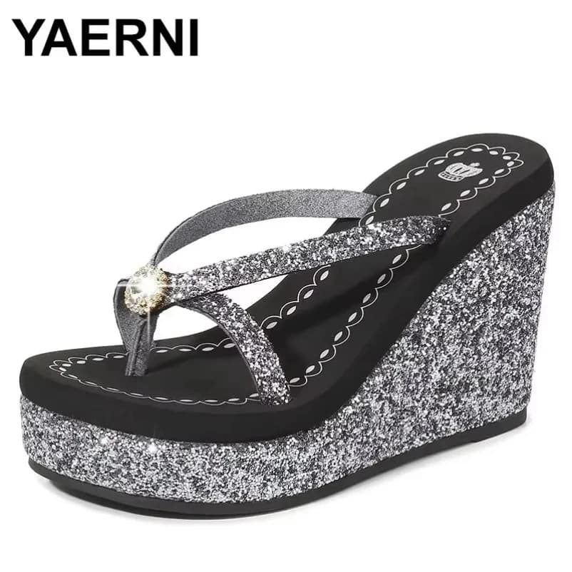 2025 Scarpe da donna con plateau estivo sandali da spiaggia strass paillettes pendenza con infradito zeppe lucide traspiranti
