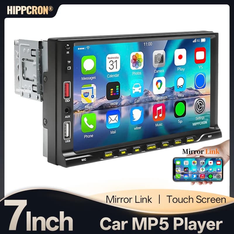 Autoradio Hippcron 7" con Lettore Multimediale MP5, Schermo Touch, Supporto FM, Ingresso Aux, BT, USB, Telecamera Posteriore, Mirror Link Universale