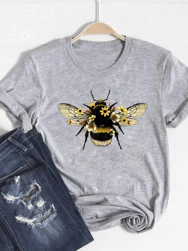 T-shirt a maniche corte da donna, capo di abbigliamento base, stampa ape e fiori, trendy, alla moda, grafica, t-shirt grafiche estive
