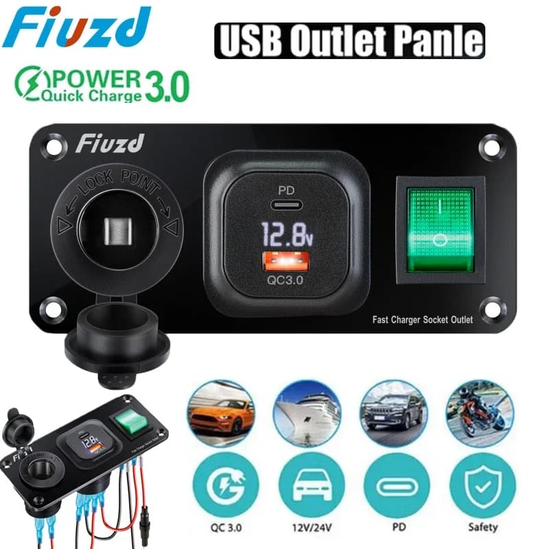 12/24V USB C Presa Pannello Presa Accendisigari Doppio USB Adattatore per presa per caricabatteria da auto QC 3.0 Carica rapida per auto per autobus RV Barca