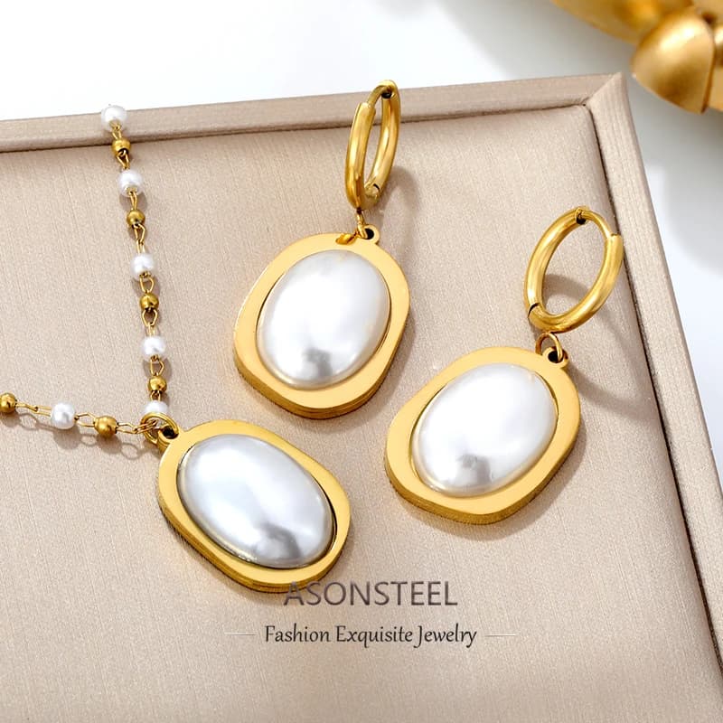 ASONSTEEL Necklace with Luxury Imitation Pearl Pendant Button Earrings Stainless Steel Jewelry Set for Women's Jewelry formal occasions