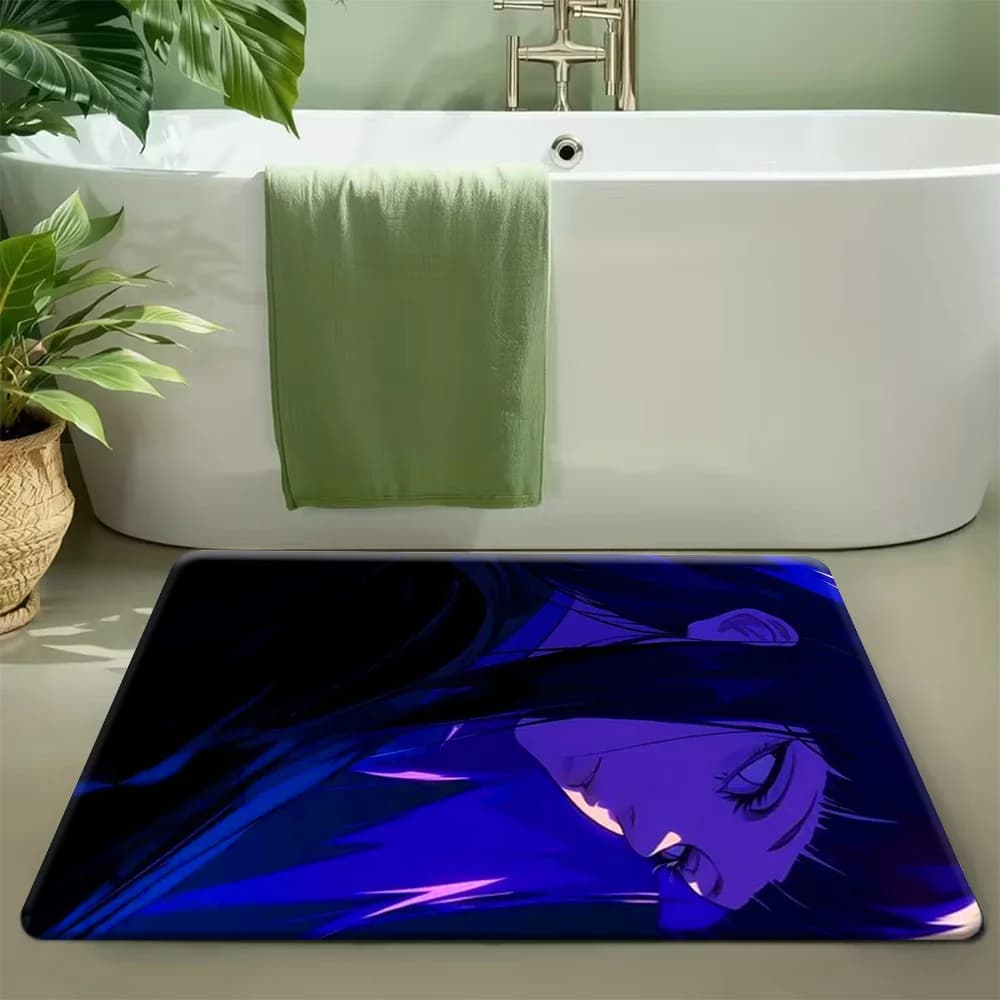 Tappetino da Bagno con Stampa Anime in Stile Neon Viola, Ragazza Manga in Close-Up, Antiscivolo, Assorbente e Lavabile per Doccia, Vasca e Arredo Casa