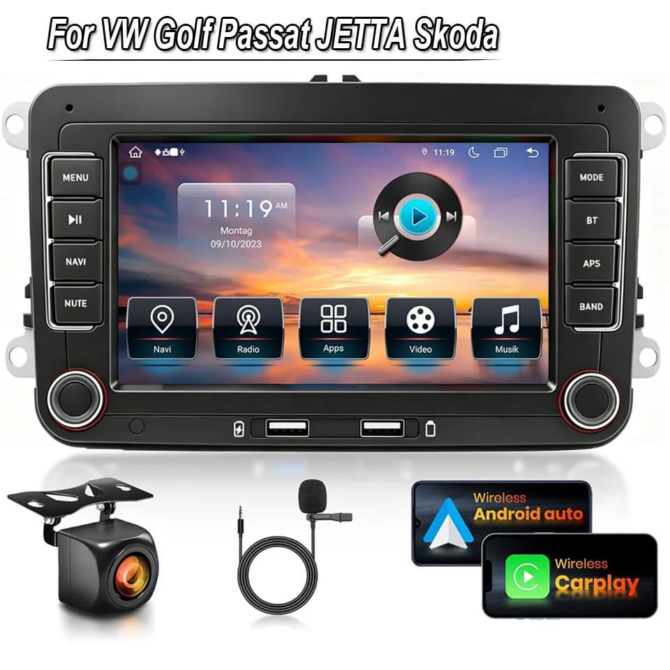 XFY Autoradio 7" HD MP5 con FM, Bluetooth, Luci Colorate, Radio RDS, Mirrorlink, Ricarica USB, Wireless Android AUTO/CarPlay per VW NUOVO 2026