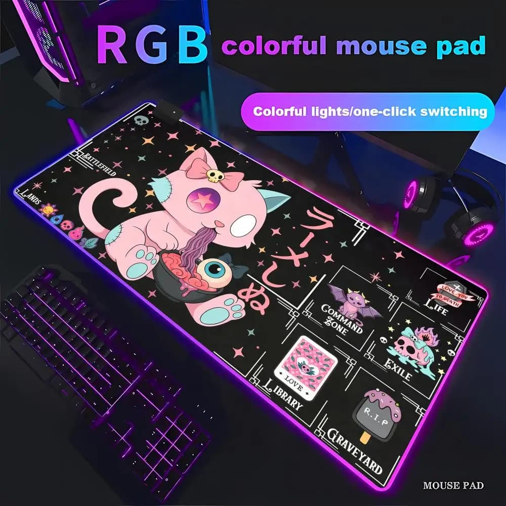 HYBXAXC Pastel Goth Cat TCG Mouse Pad With Zones for MTG Fans Animation Games Beautiful RGB Gaming Mouse Pad HD Gamer Large LED