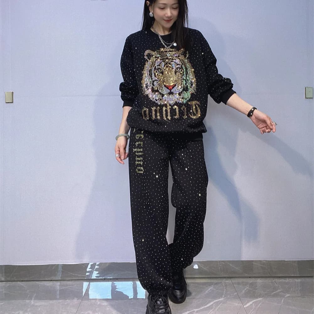 Two Piece Sets Womens Outifits Diamonds Cartoon Tiger Pattern Long Pants Casual Knitting Women Autumn Clothes Loose Tracksuit