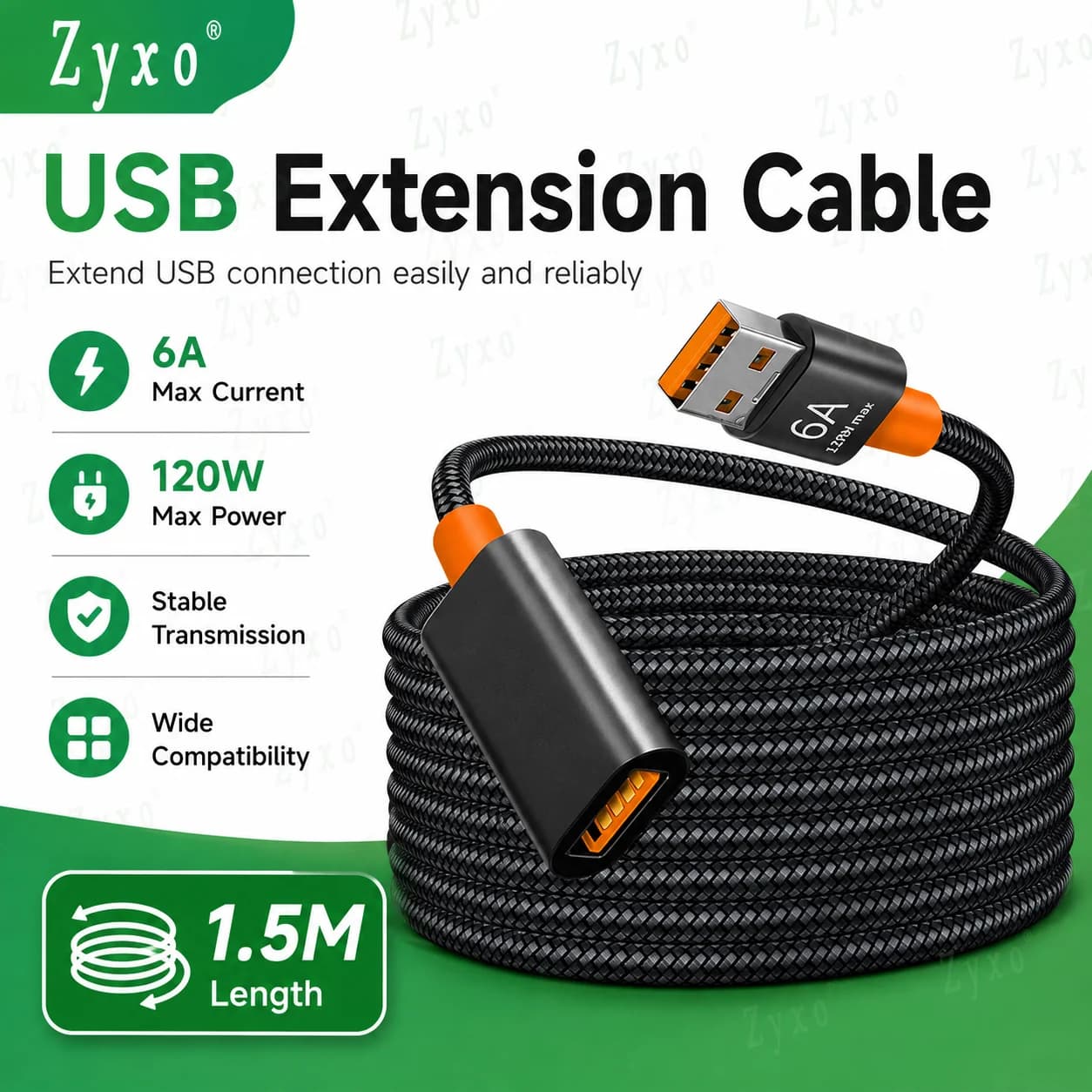Zyxo USB-A Male to Female Extension Cable 1.5M 6A 120W Max Braided USB 2.0 Cord for PC Laptop TV Car Camera