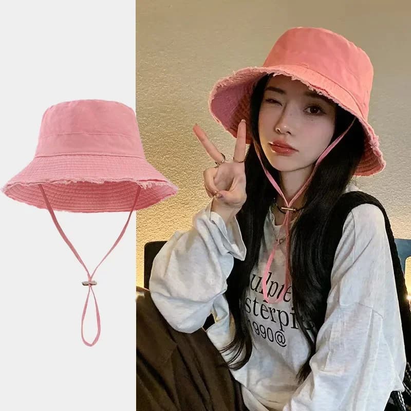 Cappello da Pescatore Estivo per Donne, Stile Coreano, Rosa, a Tesa Larga, per Spiaggia, Viaggi e Protezione Solare