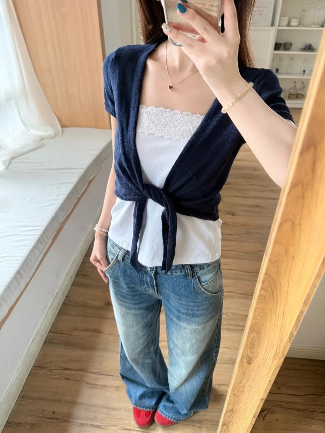Navy Lace-up Cardigan Women Cotton Slim V-neck Knitted Cropped Smock Short Sleeve Tees Vintage Simple Chic Crop Tops Y2K New