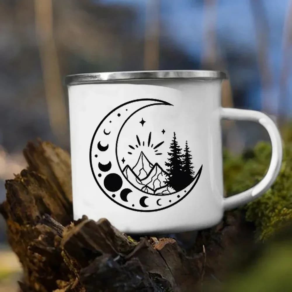 Tazza da campeggio smaltata Luna Foresta Montagna Tazze da campeggio stampate Avventura Fuoco da campo Festa Bicchiere da succo di birra Tazze con manico Regali per camper