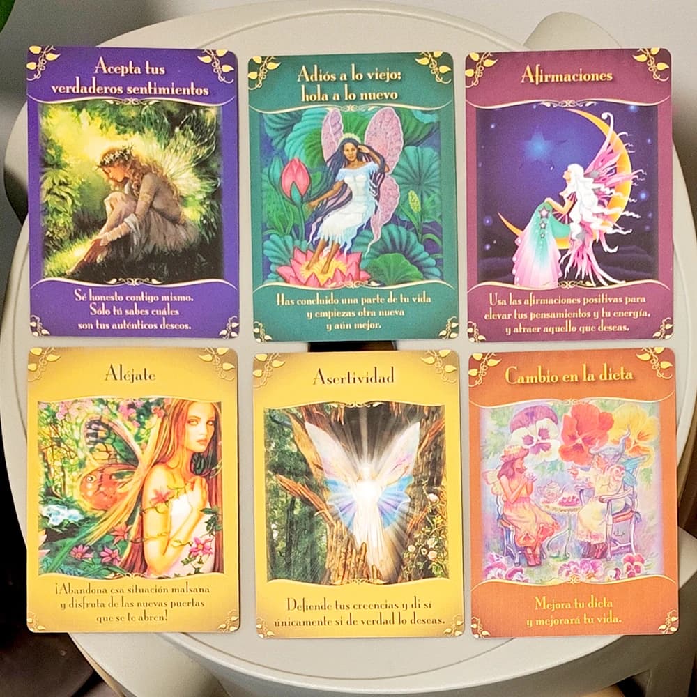 44 carte spagnole stampate su cartoncino doppio goffrato 350GSM 10,5 * 7,5 cm Messaggi magici delle fate Mazzo Oracle
