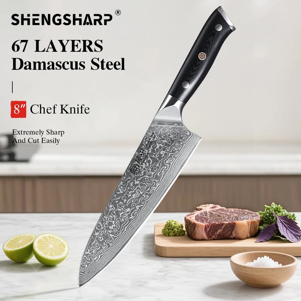 SHENGSHARP 8" Professional Chef Knife Japanese 67 Layer Damascus Steel Super Sharp Meat Vegetable Kitchen Knives with G10 Handle