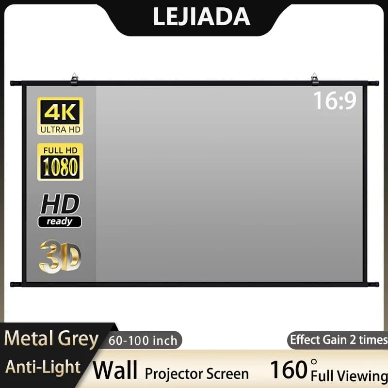 Schermo per proiettore LEJIADA montato a parete 60 84 Schermo per proiezione riflettente anti-luce grigio metallo da 100 pollici per home theater all'aperto