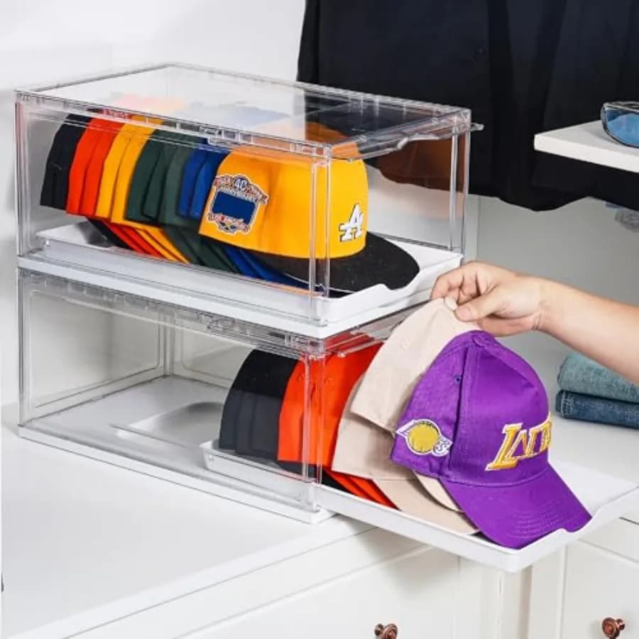 Organizzatore per Cappelli da Baseball, Scatola Porta Cappelli Trasparente con Cassetto, Ampio Contenitore per Cappelli con Vassoio Scorrevole, Espositore Impilabile