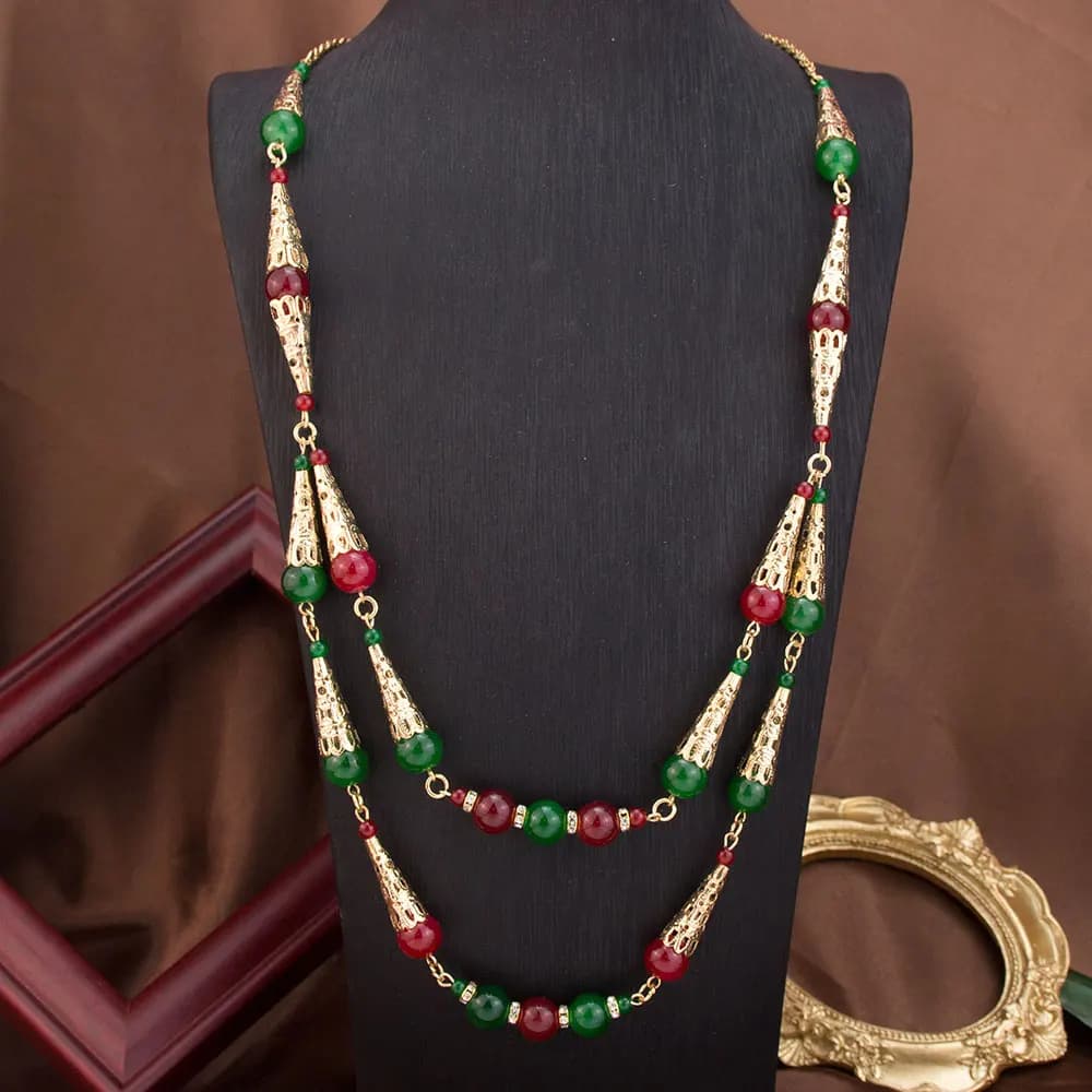 Sunspicems Collana lunga a catena con perline a doppio strato per le donne Gioielli da sposa arabi color oro Catena al collo con caftano del Medio Oriente