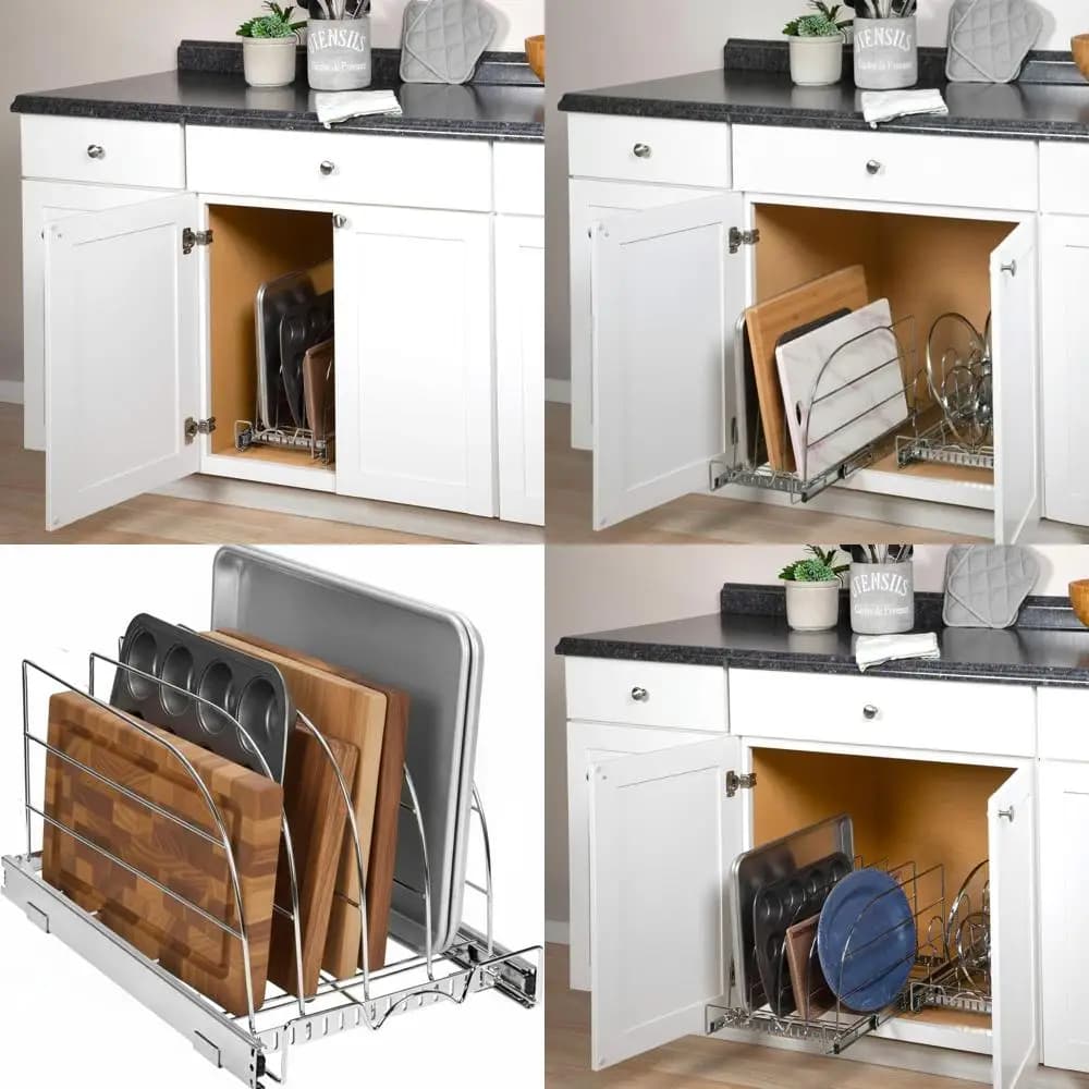 Adjustable chromed extractable organizer for heavy duty for trays, cutting boards and trays - Suitable for narrow spaces, 12.5 L x 21 P x 11 A