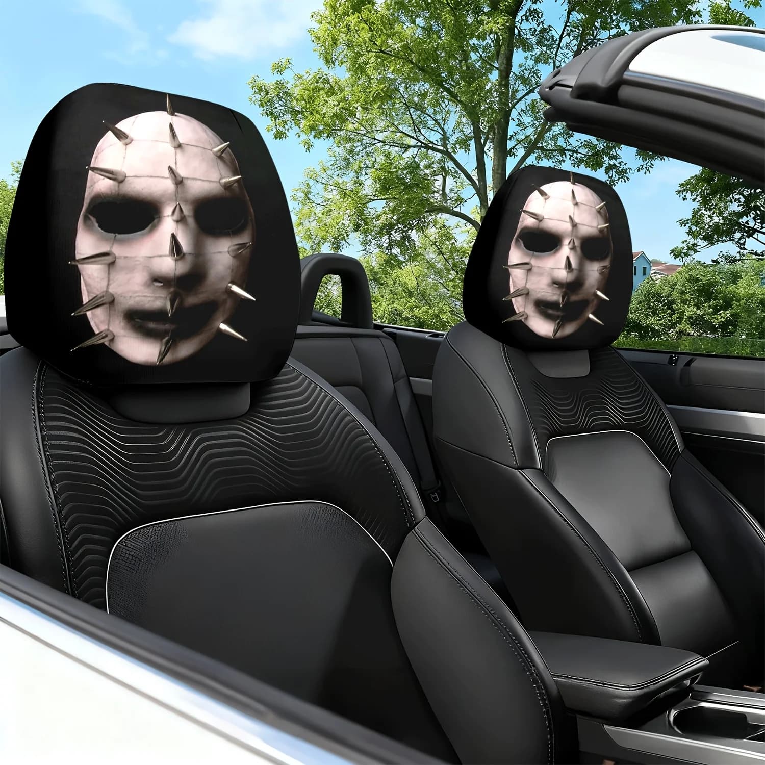 2 maschere a tema scuro che fondono orrore e arte in un motivo stampato per cuscini per sedili auto, poggiatesta e cuscini per il collo - Featur