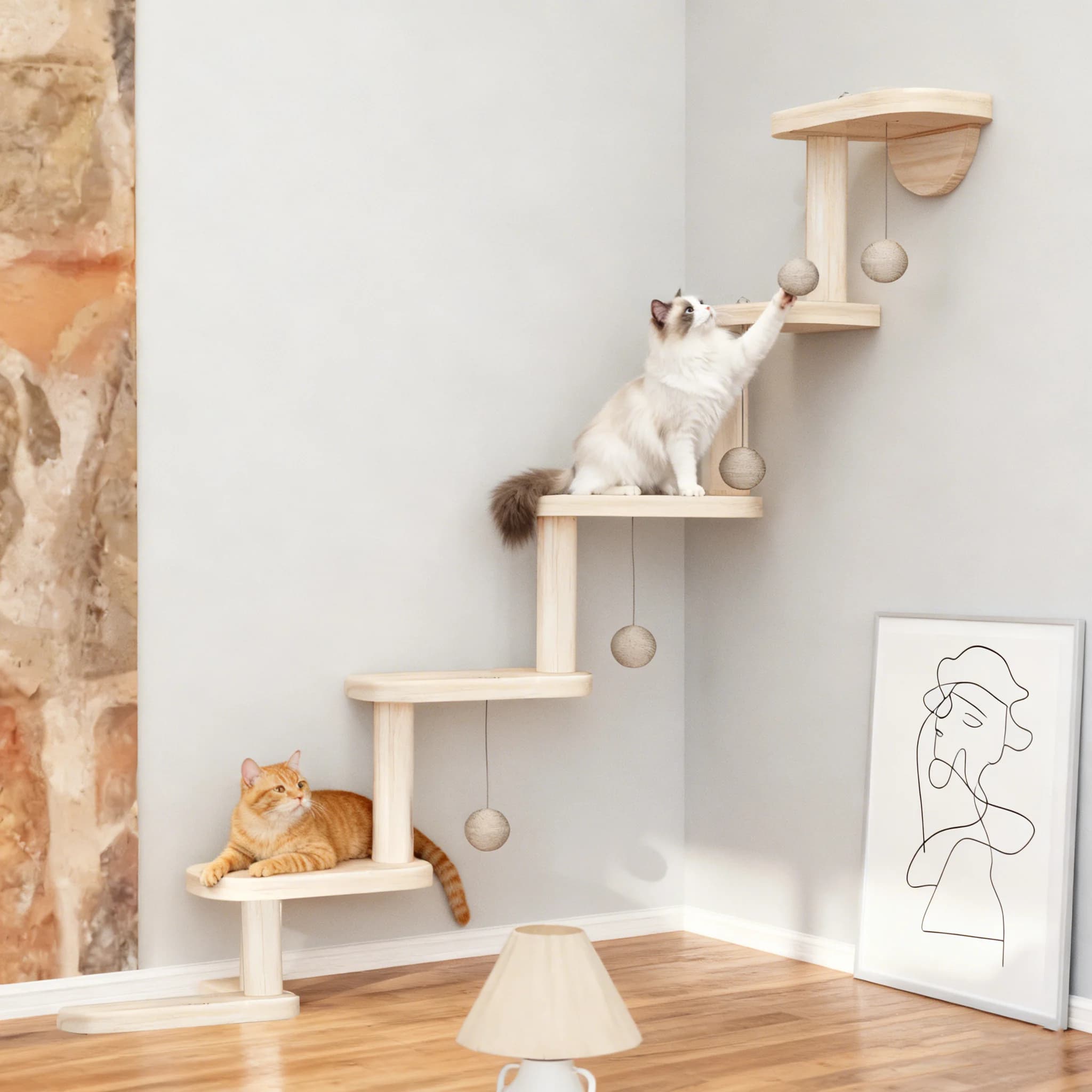 Sistema a parete per gatti a 6 livelli con 4 palline - un mobile per gatti multistrato in legno massello progettato per il gioco e l'esercizio fisico al chiuso. It C